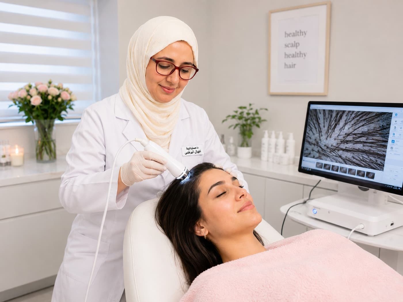 Dr. Eqbal examining a client’s scalp with a trichoscope